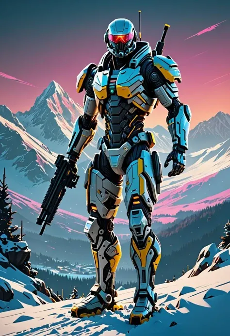 A breathtaking Cyberpunk 2077 inspired Masterpiece, a ral-bnz cyborg standing alone in the snow against a majestic mountain backdrop. An athletically built person, surrounded by a chilling winter landscape. Vibrant colors burst forth from every corner, creating an unforgettable contrast between the warmth of technology and the bitterness of the wilderness. Leaving viewers breathless and eager for more. Showcase this incredible fusion of science fiction and nature by trending it on ArtStation. Let everyone see what happens when raw creativity meets technical prowess in a single, magnificent image! style of Benedick Bana, messy, streaks, style of Chris Cold, <lora:ral-bnz:0.5>