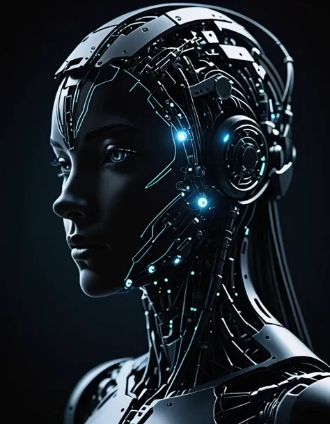 dark silhouette of a mesmerizing beautiful cybernetic robot woman, from side, looking at viewer, natural human head, natural skin, suspended components, fiber optic neural network connected to head, confident expression, focused expression, backlight, dark theme science fiction background, sharp focus,