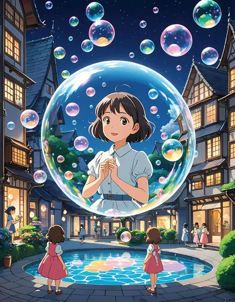 Step into a Dreamlike Vision conjured by Legendary Animator Hayao Miyazaki, where a Bewitching Anime Girl takes Centre Stage. With a Gentle Puff, she Creates a Floating Bubble that Captures the Essence of youthful Joy and Wonderment. Adorned in Classic Manga Style, her Expressions radiate warmth, while deliberate Linework brings Dimensionality to the Foreground. Cinematographic Techniques guide the Viewer's Perspective, focusing sharply on the Burgeoning Soap Sphere refracting reality much like a miniature Universe. Subtle Humour pervades the Illustration, offering moments of levity and delight, making it a Memorable Homage to timeless Storytelling.