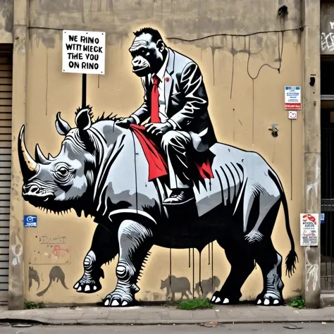 banksy street art of a grorilla with necktie riding a rhino