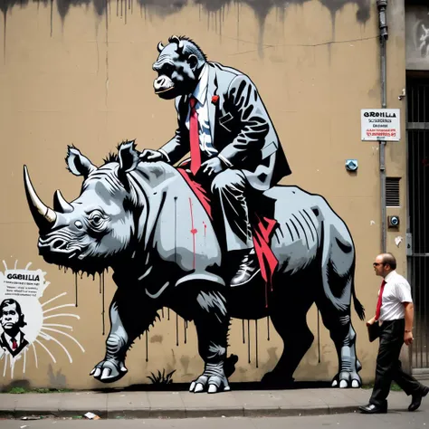 banksy street art of a grorilla with necktie riding a rhino
