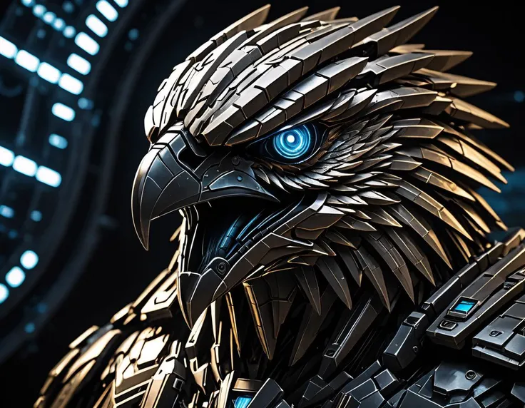 alien-themed A Dauntless Eagle head, cybernetic robot eagle, solo,extreme close-up of eye, focus eye, dominating the Abstract Background of Light with its commanding Presence. Only the Intense dim glow of its Eye pierces the Shroud, casting a beam of Hope amidst the Overwhelming Shadow. An Extreme Close-Up offers a Peek into the Profound Inner Workings of this Marvel of Engineering, devoid of Distractions thanks to the absence of Reflections. Strategic Backlighting places emphasis on the Eye, transforming it into a Portal to another Dimension ruled by Machinery and Intelligence. The Intricacy knows no bounds, paying homage to the sophisticated Design and Execution of this Avian Warrior. Let the Mystery and Magic of this Dark Theme consume you, leading to a Deeper Appreciation for the Interplay between Light and Darkness. . extraterrestrial, cosmic, otherworldly, mysterious, sci-fi, highly detailed