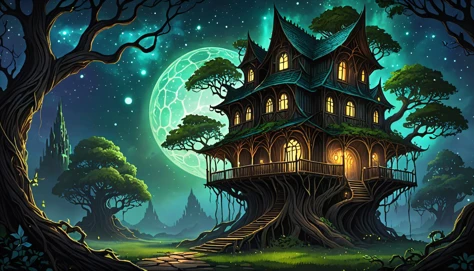 ethereal fantasy concept art of Experience the Enchantment of an Eldritch Treehouse nestled in the Uppermost Branches of a Mighty Arbor, swaying gently amidst the breeze under the watchful gaze of a Star-studded, Dark Nebula Sky during the Dead of Night. The once solid Root System has mutated into a Chaotic web of Creepers, binding multiple Trees together in a disturbingly Harmonic Union. Sinister Blacklight emanates from within the dwelling, casting an ominous Glow on deteriorating Structural Members while unveiling the Grotesquery of Time-ravaged Building Components. The Isolation and Neglected Appearance contribute to the Sombre Atmosphere, fueling morbid speculations regarding its Occupants and hidden Past. Venture into the Secretive Domain of this Deranged Habitat, embracing the Synthesis of Putrefaction and Renewal. . magnificent, celestial, ethereal, painterly, epic, majestic, magical, fantasy art, cover art, dreamy