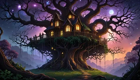 ethereal fantasy concept art of  Experience the Enchantment of an Eldritch Treehouse nestled in the Uppermost Branches of a Mighty Arbor, swaying gently amidst the breeze under the watchful gaze of a Star-studded, Dark Nebula Sky during the Dead of Night. The once solid Root System has mutated into a Chaotic web of Creepers, binding multiple Trees together in a disturbingly Harmonic Union. Sinister Blacklight emanates from within the dwelling, casting an ominous Glow on deteriorating Structural Members while unveiling the Grotesquery of Time-ravaged Building Components. The Isolation and Neglected Appearance contribute to the Sombre Atmosphere, fueling morbid speculations regarding its Occupants and hidden Past. Venture into the Secretive Domain of this Deranged Habitat, embracing the Synthesis of Putrefaction and Renewal. . magnificent, celestial, ethereal, painterly, epic, majestic, magical, fantasy art, cover art, dreamy