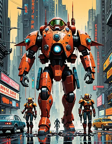 Atompunk Warriors Ready for Battle Amidst a Retrofuturistic Cityscape: A dynamic tableau unfolds before us, featuring a tightly-knit squadron of Atompunk warriors clad in intricately designed gear, their keen gazes locked onto some unseen foe looming in the distance. Their arsenal bristles with quirky yet formidable weaponry, harmoniously blending vintage aesthetics with cutting-edge ingenuity. Radiant splashes of vibrant colors punctuate the otherwise muted tones, drawing attention to key areas within the frame â perhaps highlighting individual characters or emphasizing crucial plot points. Drips and spatters of paint lend a gritty, raw texture to the canvas, further underscoring the intensity of the moment. Meanwhile, a faint but unmistakable glow emanates from these resolute figures, hinting at underlying forces or latent energy waiting to be unleashed. The backdrop? An expansive bird's eye view of a sprawling retro-futuristic metropolis teems with peculiar architecture and whimsical transportation methods, transporting viewers to another time and place altogether.