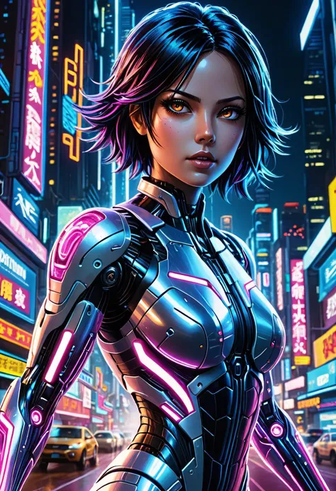 cybernetic style breathtaking In this breathtaking world of Battle Angle at night, ral-ledlights Alita comes to life in a stunning adaptation, cowboy shot. Running towards the viewer, she commands attention, revealing every curve and line of her lean athletic form. Her charming and determined expression. The neon lights that bathe her in a warm glow. She maintains the same cool composure that made her such an iconic character. High contrast, vibrant colors, embedding:, extremely large detailed eyes. The overall effect is a stunning image that captures the style of Chris Cold and Jason Edmiston, . futuristic, technological, cybernetic enhancements, robotics, artificial intelligence themes