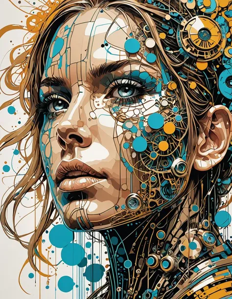 pointillism style A Mesmerizing Marriage of Organic and Cybernetic Elements in Acclaimed Artist Carne Griffiths's Signature Style, a breathtaking synthesis of man and machine in this hyper-realistic, large-scale illustration inspired by visionary creators such as Russ Mills and Igor Morski. Gazing skyward, our striking subjectâpart human, part technologically augmented marvelâradiates an air of supreme self-confidence tempered only slightly by surprise. Arrayed before her are myriad components that coalesce to form an astonishing array of biomechanical accouterments: Acrylic bubbles cascade gently, releasing effervescent bouquets of fantastically rendered blooms; Ferrofluids ebb and flow, mimicking organic circulatory systems; Water distortions warp and bend the very fabric of reality itself. All these fascinating components interact seamlessly with lifelike flesh tones, resulting in a symphony of textural subtleties. Physically Based Unbiased Rendering techniques ensure maximum visual impact via natural lighting conditions. Extremely high resolution ensures that no detail goes overlooked, making this magnum opus suitable for close examination or proud display as a centerpiece worthy of admiration. . composed entirely of small, distinct dots of color, vibrant, highly detailed