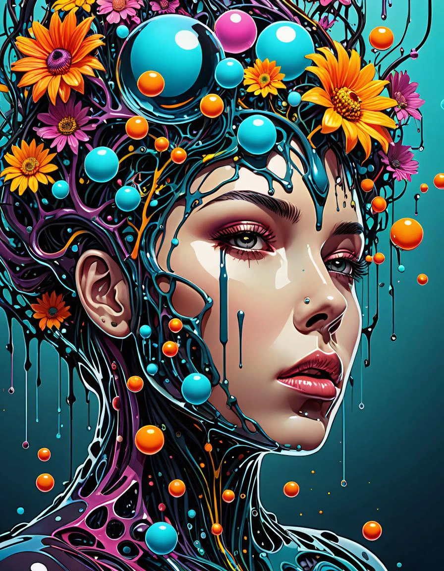 gothic style (extremely detailed, intricate details, highres), abstract style biomechanical style illustration beautiful woman, (colorful melting human head:1.3), acrylic bubbles and flowers, ferrofluids, (water distortions), looking up, intricate abstract, intricate artwork, beeple, blend of organic and mechanical elements, futuristic, cybernetic, detailed, intricate, dark theme, (closed mouth:0.8), (in awe:0.9), confident, (surprised:0.5), natural skin, style of Stan Manoukian, physically based unbiased rendering, natural lighting, soft shadows, highly detailed, fine texture, high contrast, intricate abstract, intricate artwork, extreme details, . dark, mysterious, haunting, dramatic, ornate, detailed