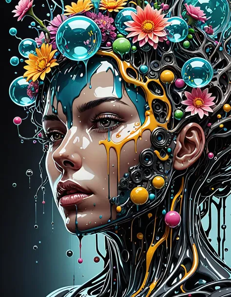 dystopian style (extremely detailed, intricate details, highres), abstract style biomechanical style illustration beautiful woman, (colorful melting human head:1.3), acrylic bubbles and flowers, ferrofluids, (water distortions), looking up, intricate abstract, intricate artwork, beeple, blend of organic and mechanical elements, futuristic, cybernetic, detailed, intricate, dark theme, (closed mouth:0.8), (in awe:0.9), confident, (surprised:0.5), natural skin, style of Stan Manoukian, physically based unbiased rendering, natural lighting, soft shadows, highly detailed, fine texture, high contrast, intricate abstract, intricate artwork, extreme details, . bleak, post-apocalyptic, somber, dramatic, highly detailed