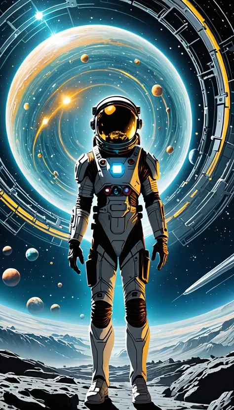space-themed Prepare a visually arresting sci-fi concept art piece, earth's most accomplished quantum entangled cosmonaut aboard her sentient spaceship, traversing wormholes to investigate strange anomalies threatening humanity's survival, encapsulate the psychedelic space warps and time distortions experienced during faster-than-light travel in an otherwise cold, sterile vacuum. Feature intricate machinery, luminescent displays, and advanced alien species encountered along the way. Utilize abstract expressionism combined with hyper-realistic rendering to convey the disorienting and often paradoxical nature of quantum physics. Balance serene tranquility with explosive energy, channeling influences from Salvador Dalí and Roger Dean to generate a surreal journey transcending dimensions. Ensure that every minute detail pops with crystalline clarity and intensity, suitable for large format printing or eye-catching desktop wallpaper. . cosmic, celestial, stars, galaxies, nebulas, planets, science fiction, highly detailed