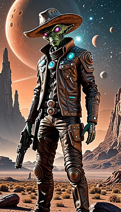 alien-themed Space faring alien cowboy, the surreal Wild West of the cosmos, a stoic extraterrestrial gunslingerâclad in weathered alien leather garments and sporting a pair of trusty laser pistolsâstands steadfast against a backdrop of distant planets, swirling galaxies, and colossal space stations, nearby rock formations, dramatically positioned under harsh moonlit skies, . extraterrestrial, cosmic, otherworldly, mysterious, sci-fi, highly detailed