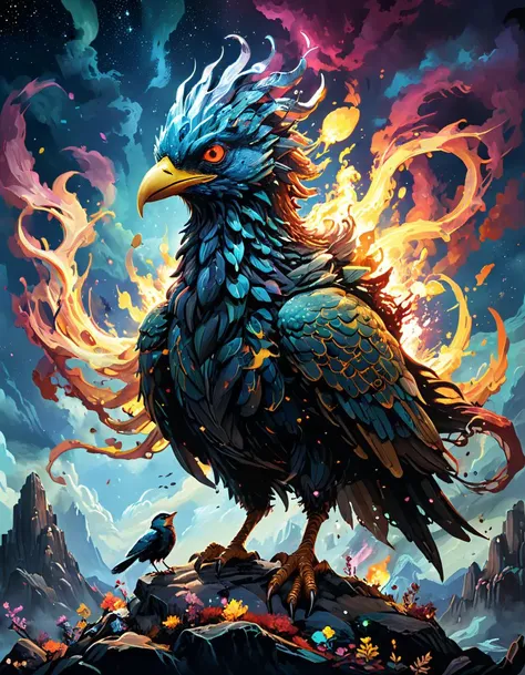 Fantastical Avian Protagonist Emerges Victorious Against Otherworldly Backdrop by Vincent Chong: Experience a thrilling tour de force brought to life by renowned illustrator Vincent Chong, starring an exceptional avian entity dominating the foreground. Boasting extraordinarily detailed, emotive eyes that draw viewers into the heart of the action, this mythological beast displays traits drawn from various sourcesâincluding the enigmatic waterzibberer and the bioluminescent swallowfluxâcreating an entirely novel creature brimming with intrigue. Standing victorious atop a heap of orbshnodder, the magnificent specimen strikes a dramatic pose, silhouetted against a spellbinding aurora-infused sky on Planet You'renotwelcomegoaway. Swirling wisps of cosmic debris fill the horizon, providing tantalizing evidence of the subject's unearthly origin. Award-winning artist Chong utilizes bold lines and expressive drawings to capture the essence of this masterpiece, incorporating a plethora of intricate details that reward close inspection. Presented in widescreen format, the dynamic composition guarantees a riveting viewing experience guaranteed to leave audiences breathless.