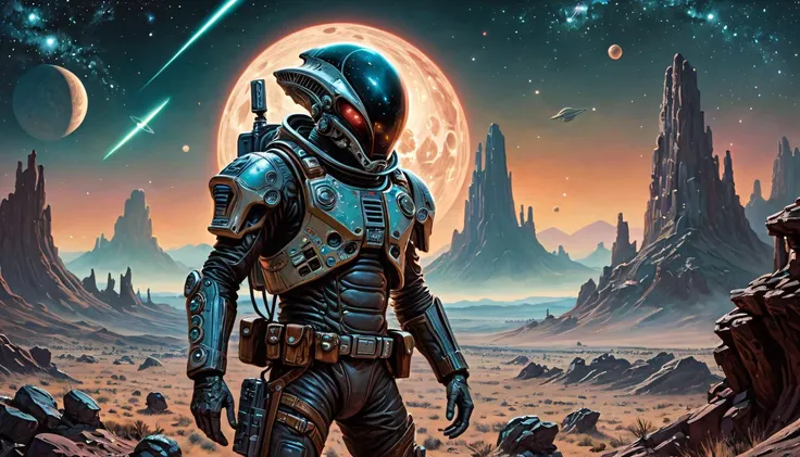 alien-themed Space faring alien cowboy, the surreal Wild West of the cosmos, a stoic extraterrestrial gunslingerâclad in weathered alien leather garments and sporting a pair of trusty laser pistolsâstands steadfast against a backdrop of distant planets, swirling galaxies, and colossal space stations, nearby rock formations, dramatically positioned under harsh moonlit skies, high contrast, muted color, style of Arthur Hacker, style of Don Lawrence, style of Thomas Kinkade, embedding:SimplePositiveXLv2, . extraterrestrial, cosmic, otherworldly, mysterious, sci-fi, highly detailed