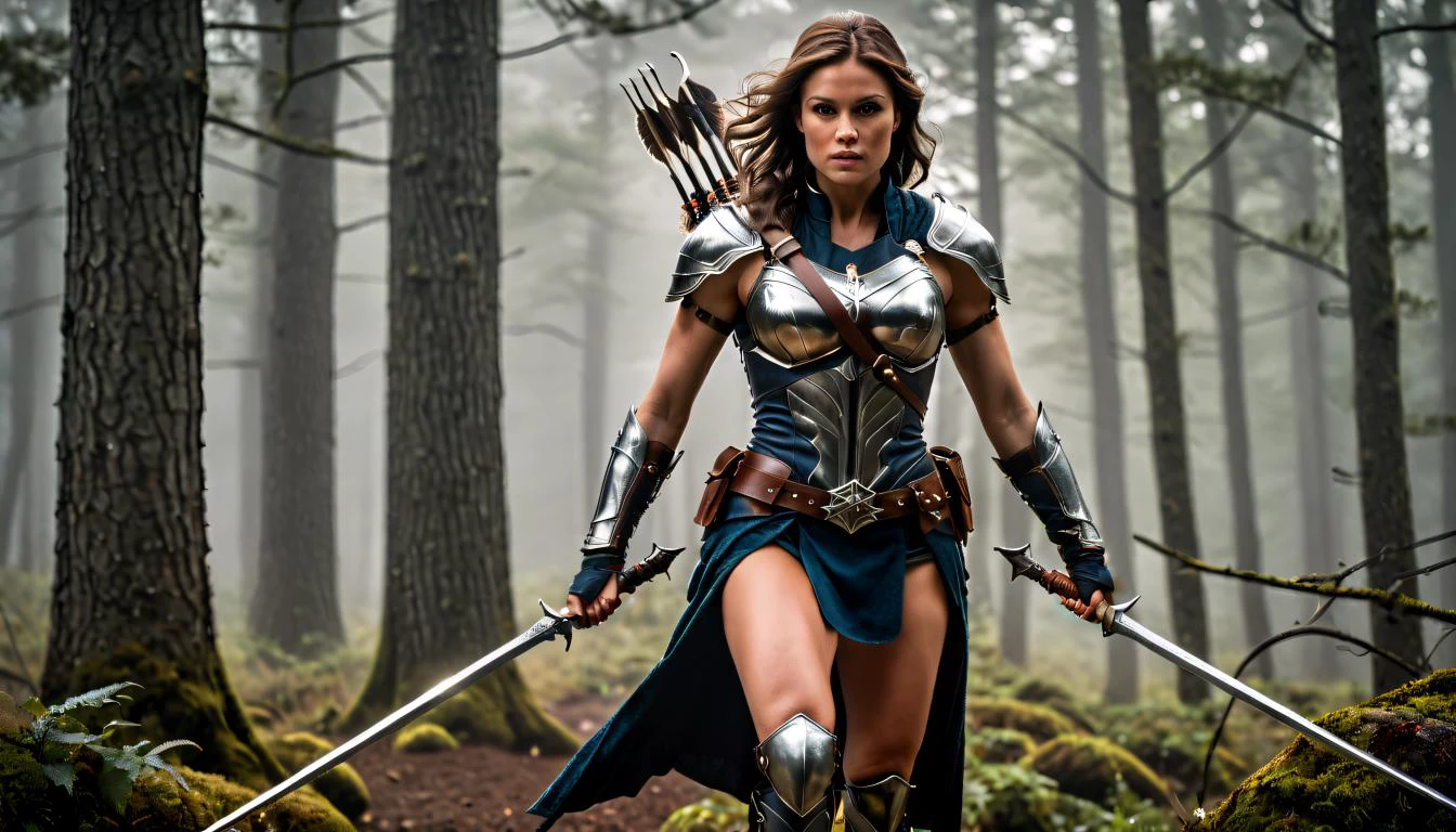 cinematic film still Regal huntress Poised for Action in Leather Armor and Spear, cowboy shot, magical forests, an accomplished huntress bedecked in supple leather armor that hugs her athletic form like a second skin, weilding a mighty spear, rests easily in her skilled grasp, mystical runes etched deeply into the shaft reveal secrets known only to initiates of the Old Religion, granting her protection and prowess few dare challenge, she remains vigilant with a fierce determination, her watchful gaze penetrating the fog and gloom, prepared to meet danger head-on, style of Will Murai, style of Clint Cearley, style of Don Lawrence, . shallow depth of field, vignette, highly detailed, high budget, bokeh, cinemascope, moody, epic, gorgeous, film grain, grainy