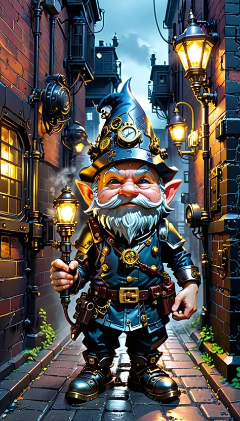 biomechanical style Steampunk Gnome Patrols, nocturnal Urban Jungle, traversing the hushed streets of a mechanized metropolis veiled in midnight hour darkness, led by a singular guide, a steampunk-inspired gnome, the diminutive figure cuts an imposing outline against the grimy brick walls and cobbled alleyways, rhythmic ticking of brass cogs and crackling electricity accompany each measured step, punctuated by erratic electrical flashes from exposed electrical connections, its menacing presence reverberates through the narrow confines of the alleyway, instilling apprehension in potential threats casting spectral shadows across the damp ground and revealing traces of previous expeditionsâoily residue left behind like breadcrumbs leading to unknown territories, style of Stephen Hickman, style of Eddie Mendoza, style of Tsutomu Nihei, . blend of organic and mechanical elements, futuristic, cybernetic, detailed, intricate