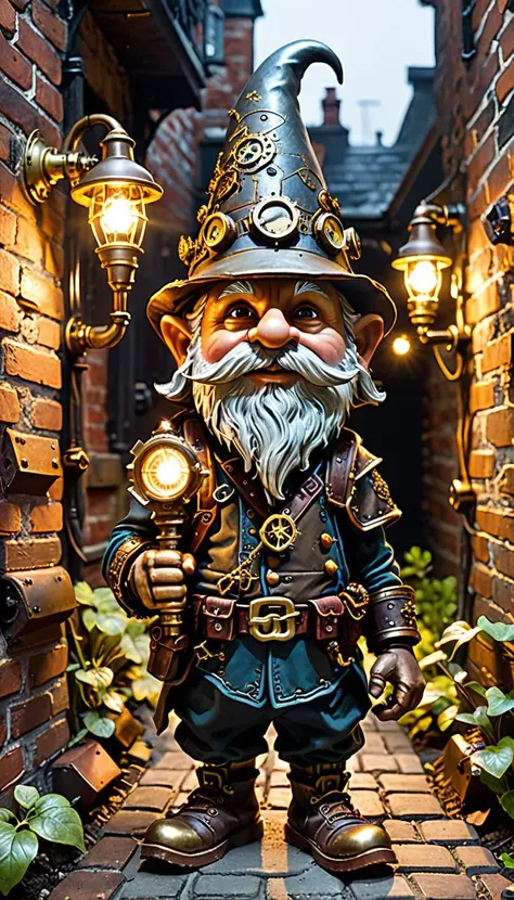 steampunk style Steampunk Gnome Patrols, nocturnal Urban Jungle, traversing the hushed streets of a mechanized metropolis veiled in midnight hour darkness, led by a singular guide, a steampunk-inspired gnome. Bent almost double beneath the weight of their ingenious apparatus, the diminutive figure cuts an imposing outline against the grimy brick walls and cobbled alleyways. The rhythmic ticking of brass cogs and crackling electricity accompany each measured step, punctuated by sparks flying erratically from exposed electrical connections. Despite their minuscule build, the gnome's menacing presence reverberates through the narrow confines of the alleyway, instilling apprehension in potential threats. LED lights embedded within their skullcap flicker ominously, casting spectral shadows across the damp ground and revealing traces of previous expeditionsâoily residue left behind like breadcrumbs leading to unknown territories. Unearth the mysteries lurking in the bowels of industrialization and immerse oneself in this celebration of creativity and invention. . antique, mechanical, brass and copper tones, gears, intricate, detailed