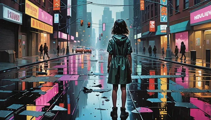 Desperate Solitude Amid Cataclysmic Chaos: Hyperrealistic Vision of Girlhood Innocence Lost in Futuristic Apocalypse: Witness the devastation wrought by colossal bioluminescent monsters laying waste to a once-thriving metropolis, transformed into a battleground of neon-bathed destruction. Amidst the turmoil, a vulnerable adolescent girl stands alone, clutching her sodden clothes, her frightened gaze fixed upon the viewer as tears stream silently down her cheeks. Haunted by the terror unfolding before her, she represents humanity's last vestiges of innocence amidst the catastrophic collapse of society. Renowned artists Casey Baugh, Ilya Kuvshinov, and Yoshitaka Amano inspire the creation, characterized by hyperrealistic detail and innovative ray tracing techniques that breathe life into the scene. Reflective surfaces, such as rain-soaked pavement and fractured glass shards, mirror the pandemonium, intensifying the emotional charge. The juxtaposition of vulnerability and violence urges viewers to confront societal breakdown, forcing us to question whether compassion retains relevance in a world consumed by chaos.