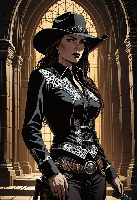 gothic style Create a captivating cel-shaded portrait of a solitary Cowgirl standing defiantly amidst a dimly lit Gothic architectural backdrop. The atmosphere should crackle with tension and foreboding, emphasized by the looming shadows cast from towering spires and arches. Ready to face whatever danger lurks beyond the frame. Her determined gaze meets ours head-on, while her features betray a hint of disdain at being placed in such perilous circumstances. Yet beneath this hardened exterior, there flickers a spark of fear â born not out of weakness but rather acknowledgement of the very real threat posed by the unseen forces that surround her. Every stroke in this haunting piece tells a story of courage, tenacity, and resolute acceptance of fate. . dark, mysterious, haunting, dramatic, ornate, detailed