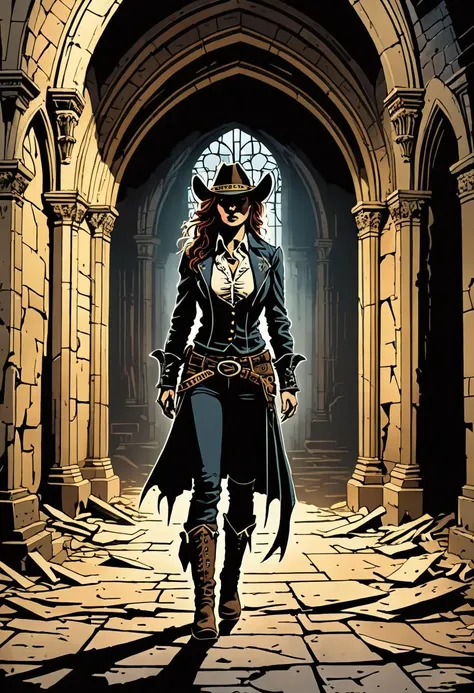 grunge style Create a captivating cel-shaded portrait of a solitary Cowgirl standing defiantly amidst a dimly lit Gothic architectural backdrop. The atmosphere should crackle with tension and foreboding, emphasized by the looming shadows cast from towering spires and arches. Ready to face whatever danger lurks beyond the frame. Her determined gaze meets ours head-on, while her features betray a hint of disdain at being placed in such perilous circumstances. Yet beneath this hardened exterior, there flickers a spark of fear â born not out of weakness but rather acknowledgement of the very real threat posed by the unseen forces that surround her. Every stroke in this haunting piece tells a story of courage, tenacity, and resolute acceptance of fate. . textured, distressed, vintage, edgy, punk rock vibe, dirty, noisy