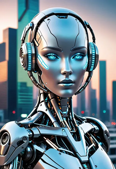 cybernetic style Unveil the magnificent spectacle of a Cybernetic female Robot in a stunning medium shot, a desolate landscape of a once thriving yet now destroyed Futuristic City. Adorned in scratched and tarnished armor reminiscent of a bygone era, our subject reveals their true identity through an unmistakably humanoid realistic synthflesh Android Head. A harmonious blend of Fantasy and Sci-Fi elements come together to craft a world brimming with wonder and intrigue. The Feminine Face peers out at us, both Seductive and Sexual, drawing viewers deeper into its enchanting web. An ethereal Mist or Fog creeping across the ground below. Illuminated by radiant Backlighting enhanced by Bloom and Chromatic Aberration effects, every aspect of this mesmerizing creation commands attention, leaving no doubt about its place amongst the most exquisite works of Artificial Intelligence ever conceived. . futuristic, technological, cybernetic enhancements, robotics, artificial intelligence themes