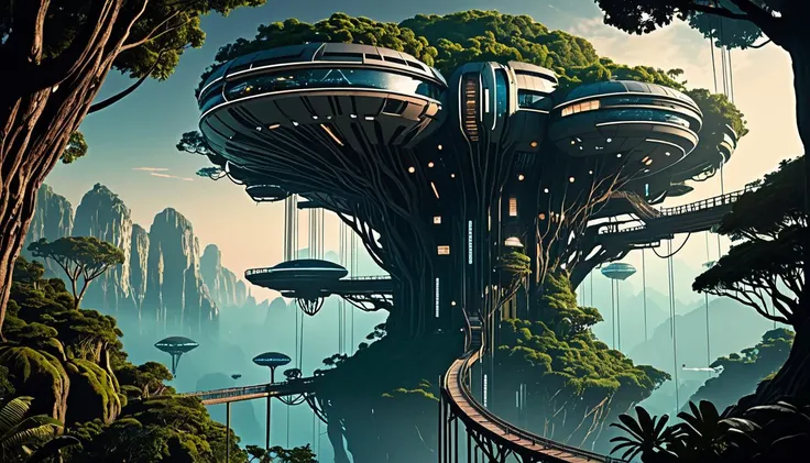 cinematic film still sci-fi style Step inside a world where fantasy and science fiction find harmony beneath the night sky - behold a cyberpunk treehouse village, tucked away under a shroud of darkness punctured only by distant stars and nebula sky casting an ethereal aura! Ancient trees embrace cybernetic treetops where dreamers live. Explore these twisted towering homes with caution; danger lies beneath every shadow cast under flickering lights overhead. style of Wadim Kashin, style of Don Lawrence, style of Stan Manoukian, . futuristic, technological, alien worlds, space themes, advanced civilizations . shallow depth of field, vignette, highly detailed, high budget, bokeh, cinemascope, moody, epic, gorgeous, film grain, grainy