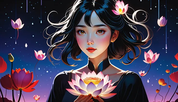 Conceive a heartwarmingly charming Disney-style portrait centered on an adorable young lady cradling a brilliant bioluminescent lotus flower against a captivating jet-black background. Adorn her raven locks with ascending streaks of crimson pigments flowing upward like tendrils reaching for the heavens, drawing attention to her gentle gaze fixed longingly above. Frame the composition using pristine depth of field techniques, isolating the duo amidst a sea of floating particles animated by soft, ambient lighting. Embody the core values of Pixiv's creative community by integrating vibrant retro design patterns saturated with an array of vivid primary colors, breathing life into each pixel. Elevate the photographic qualities of this masterpiece through strategic application of cinematographic principles, guiding the audience along carefully constructed sightlines leading to the protagonists. Submit this enchanting snapshot to prestigious competitions, allowing connoisseurs worldwide to bear witness to your virtuosity and dedication to excellence.