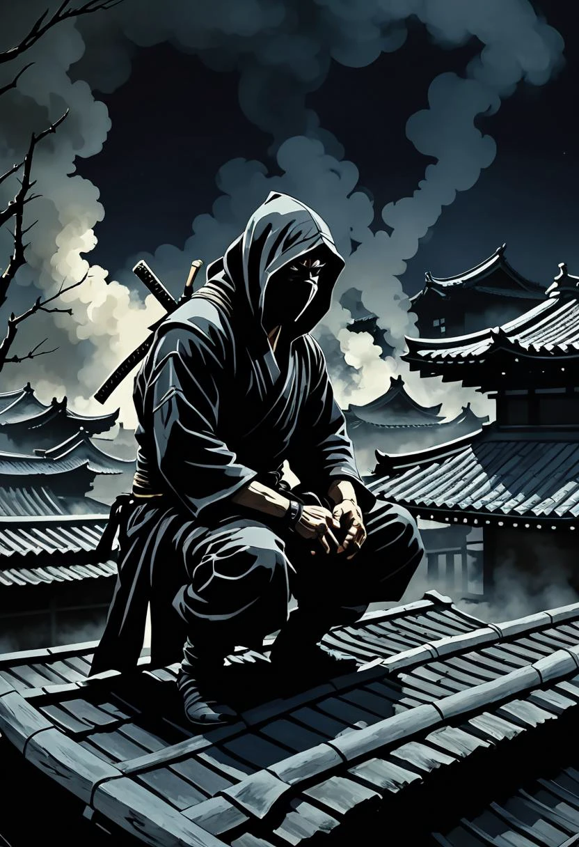 macabre style digital illustration depicting a skilled ninja, perched on the roof of an ancient Japanese house at night, dressed in traditional ninja attire,hood up, kneels on the edge of the roof, peering over the edge with intense focus, cowboy style, looking at viewer, rim light,\n\nBREAK\n\nbelow a palace burns brightly, flickering shadows of smoke surrounding buildings, smoke that billows, tense and dangerous, style of Hiroshi Yoshida and style of Jeremy Mann,\n\nBREAK\n\nultra quality, ultra detailed, ultra realistic, sharp focus, intricate, sharp details, rich color, 8K,\n . dark, gothic, grim, haunting, highly detailed