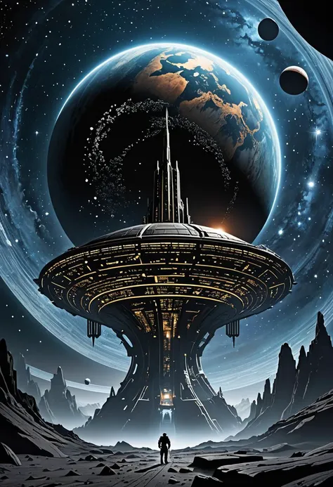 breathtaking Brace yourself for a riveting encounter with the mysteries of the cosmos as stellar bodies pirouette gracefully beneath star-studded firmaments draped in obsidian silence, mirroring the vacuity of their infinite stage. Drift along with the ghostly silhouette of an enormous derelict spaceship, silently observing countless planets that nonchalantly orbit by, indifferent to the desolate hull now home solely to spectral whispers of yore. Within this hollow vessel, find vestiges of sentient life forms materializing from primordial chaos following Singularity's arrival. These abstract beings, begotten of quantum fluctuations, engage in contemplations of existence, perpetually anchored within boundlessness as galaxies rush ceaselessly past in an everlasting pas de deux. Absorb the profound echoes reverberating through the vacuum, lingering reminders of what once was, now merely haunting memories lost to the ravages of time. Engulf yourself entirely within this cerebral voyage, delving deep into the psyche of these cryptic denizens adrift in the oceanic matrix of eternity. . award-winning, professional, highly detailed