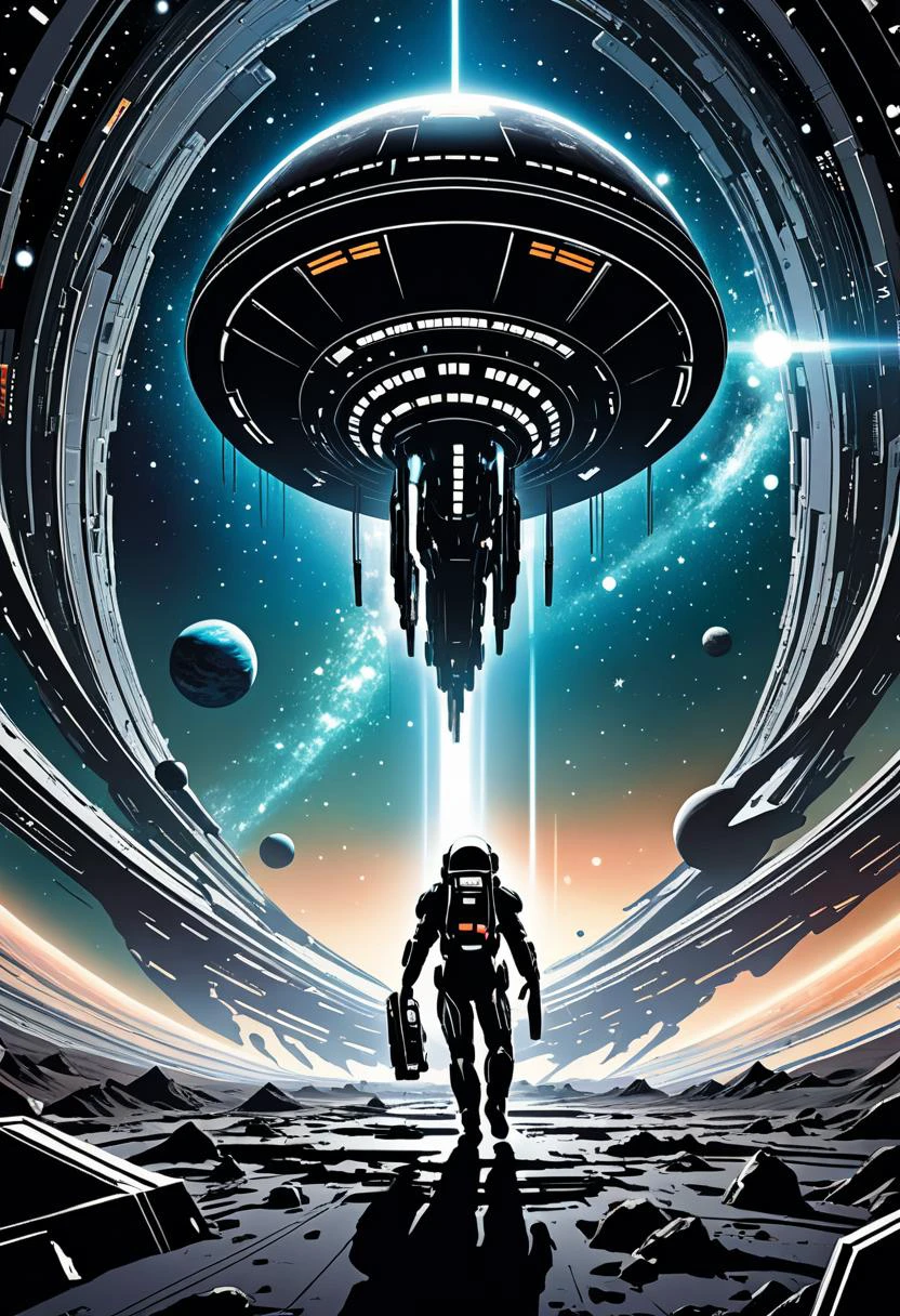 sci-fi style Intriguing scenario awaits when space and time twist into a cosmic ballet - behold celestial bodies dancing under starscapes painted black like the void they inhabit! A colossal, abandoned spaceship drifts silently, silent witness to countless worlds that pass unmindful around; its husked shells cry out with sorrow unto emptiness alone as echoes haunt the vacuum profound. Inside, the only inhabitants? Abstract entities born anew after singularity's birth, borne from quantum flux itself. They ponder existence, forever tethered inside eternity as light years race past endlessly in eternal stasis . futuristic, technological, alien worlds, space themes, advanced civilizations