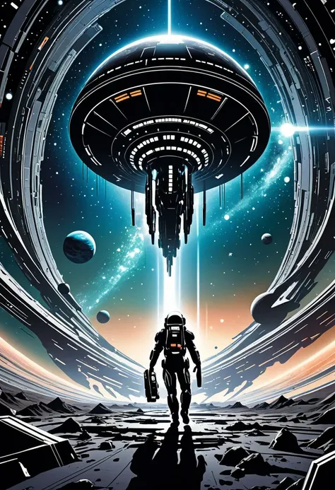 sci-fi style Intriguing scenario awaits when space and time twist into a cosmic ballet - behold celestial bodies dancing under starscapes painted black like the void they inhabit! A colossal, abandoned spaceship drifts silently, silent witness to countless worlds that pass unmindful around; its husked shells cry out with sorrow unto emptiness alone as echoes haunt the vacuum profound. Inside, the only inhabitants? Abstract entities born anew after singularity's birth, borne from quantum flux itself. They ponder existence, forever tethered inside eternity as light years race past endlessly in eternal stasis . futuristic, technological, alien worlds, space themes, advanced civilizations