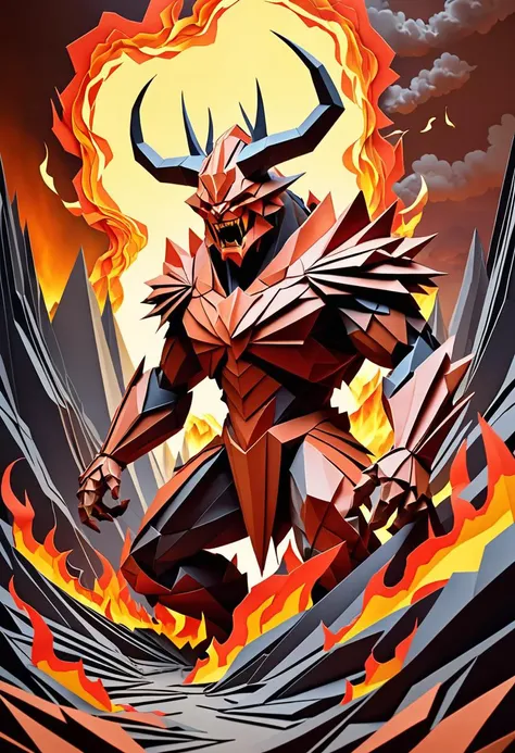 origami style Unleashed from magma, an unspeakable terror awakens - the lava monster! Born from molten fury born deep within Mother Earth herself, she rumbles forth to seize lands with lush vegetation ablaze! Its gargantuan frame oozes heat as it strolls through burgeoning forests that tremble at her passing - trees ash and dust fly freely through windless voids stirred up solely by her colossal stride. A titan claw descends on prey and sets alight anything it touches with instantaneous wrath: behold this god from bowels wherein life was extinguished millenniums gone byâ¦now she reigns again! . paper art, pleated paper, folded, origami art, pleats, cut and fold, centered composition