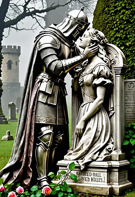 Gripped by melancholy, behold this sight: an aged knight humbles before lady Isabella's simple tombstone - a monument bearing their love eternal amid lush renaissance splendour blooms in hues around! His visage speaks of tales untold; each line etched tells its own tragic sorrowful yarn while his tear-drenched eyes caress her name carved deeply upon the stone alongside sweet emblems of two entwined roses locked in intimate embrace. Faraway lies the castle once protected by his hand, now obscured by mists yet visible beneath leaden heavens carrying memories; silence permeated heavier than aftermath's gloom from prior downpours. A Corotian tableau steeped profoundly emotive draws us nearer, reminiscing lost days long spent wandering with departed beloved.