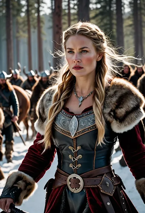 cinematic film still Capture the indomitable spirit of a beautiful Viking Age princess warrior, cowboy shot, standing triumphantly amidst the chaos of a brutal skirmish, wearing luxurious furs and distressed leathers, she embodies sophisticated savagery, crimson droplets of blood from the skirmish adorn her countenance, employing a low camera angle to emphasize the magnitude of her stature and authority, effectively positioning her as a titan above mere mortals, merging reality with fantasy, this provocative tableau challenges conventional notions of beauty, inspiring reflection on what it means to be strong, commanding, and utterly bewitching, style of Nick Knight, style of Igor Morski, style of Wlop, . shallow depth of field, vignette, highly detailed, high budget, bokeh, cinemascope, moody, epic, gorgeous, film grain, grainy