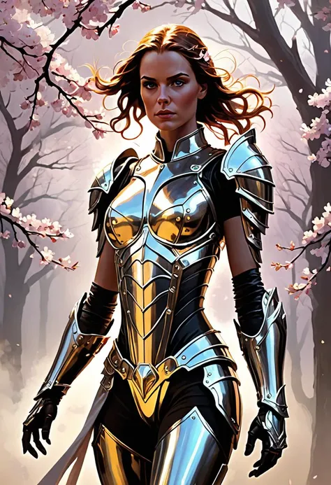 concept art Experience sheer visual ecstasy as you bear witness to a breathtaking masterpiece featuring an armored female warrior, bathed in ethereal lighting. Her flawless anatomy showcasing each sinewy muscle and tendon with astonishing fidelity. Clad in exquisite hybrid armor, studded with iridescent gemstones, she radiates power and sophistication. Enthralling eyes gleam with intensity, drawing you deeper into the spellbinding narrative unfolding before you. Delicate wisps of fog dance around her form, heightening the sense of mystique surrounding this otherworldly apparition. Cherry blossoms sway gently in the breeze, framing her lithesome figure against a softly blurred backdrop. Strands of hair cascade down her shoulders, catching the light in a dazzling display of highlights that would leave even the most discerning connoisseurs breathless. style of Gerald Parel, style of Sam Spratt, . digital artwork, illustrative, painterly, matte painting, highly detailed