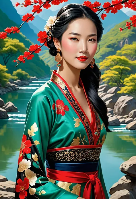 breathtaking Embrace the serene beauty of a solitary maiden donned in traditional Chinese attire, standing on the banks of a tranquil river nestled amidst towering mountains. Bathed in warm sunlight filtering through the azure sky above, her ensemble features a captivating floral print dress complemented by tasteful accessories - delicate earrings and carefully selected jewelry pieces that perfectly offset her refined elegance. Black hair tumbles in soft waves, framing her face as she gazes directly at the viewer, ensnaring hearts with a beguiling seductive smile. Meticulously crafted using advanced rendering techniques, this masterpiece boasts unparalleled quality and staggering detail. From the individual threads comprising her garment to the nuanced expressions playing across her countenance, no stone has been left unturned in pursuit of perfection. Surrender to the allure of this bewitching portrait, set against a rich crimson backdrop that serves as a bold counterpoint to the verdant blues and greens of nature encircling her. Indulge yourself in the finest aspects of digital artistry, as this sublime tableau transports you to another time and place entirely. . award-winning, professional, highly detailed