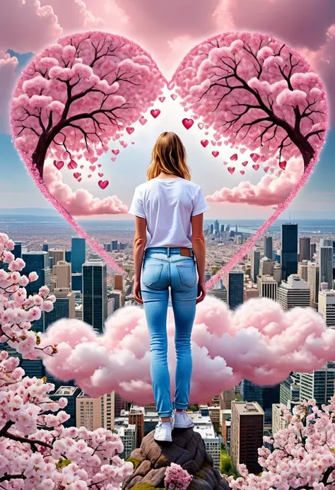 dreamscape young woman, standing inside a pink heart shaped cloud, dazzling cityscapes, cherry blossoms, jeans and a white t-shirt,
 . surreal, ethereal, dreamy, mysterious, fantasy, highly detailed