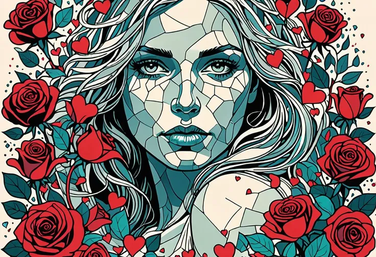 typographic art Unveil the raw emotion and haunting beauty of Valentine's Day through an evocative masterpiece centered around a crestfallen Norwegian maiden. Her once-radiant complexion now resembles fractured glass, mirroring the jagged edges of her own battered heart. Amidst the lush foliage of the cursed Garden of Eden, delicate multi-colored roses serve as bittersweet reminders of happier times. Abstract art elements permeate the composition, echoing the fragmented state of her psyche and shattered memories. Tinted shades of despair envelope the scene, intensifying the already potent emotional resonance. Thorns pierce through tender flesh, staining the earth with droplets of blood - a grim reminder of the sacrifices made in the name of love. Masterfully executed in the distinctive style of Josan Gonzalez, this tour de force combines hyper-detailed and intricate elements to create a truly unforgettable pièce de résistance. Prepare to be swept away by the dramatic atmosphere, as the exquisite level of detail and thoughtful composition merge to deliver a Valentine's Day message like no other. . stylized, intricate, detailed, artistic, text-based
