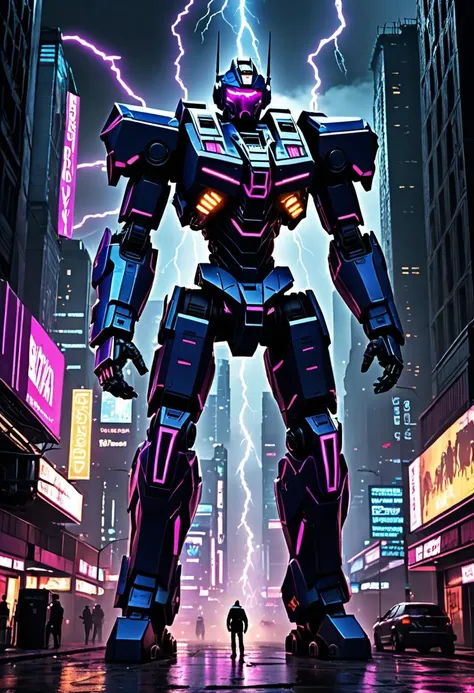 neonpunk style Plunge headlong into a dystopian future ruled by cold steel and seething electricity, where the gritty streets of a vast cybernetic metropolis bear silent witness to an apocalyptic showdown. Before them towers a colossal battle mech, fists ablaze with the raw power of nature itself. Crackling lightning bolts leap between its fingertips, reaching hungrily for the heavens as if desperate to rend apart the fabric of reality. Above, an indigo canopy streaked with vibrant nebulae stretches endlessly into the distance, casting eerie shadows across the urban landscape below. Acclaimed digital artists Benedick Bana and Wadim Kashin pool their considerable skills to conjure up this awe-inspiring vista, expertly melding disparate influences into a singular, harmonious whole. Each line, curve, and angle receives scrupulous attention, ensuring that this magnum opus remains forever etched in memory long after the final pixel has fallen into place. Allow yourself to be consumed by the sheer scale and ambition of this undertaking, secure in the knowledge that you stand on the precipice of true greatness. . cyberpunk, vaporwave, neon, vibes, vibrant, stunningly beautiful, crisp, detailed, sleek, ultramodern, magenta highlights, dark purple shadows, high contrast, cinematic, ultra detailed, intricate, professional