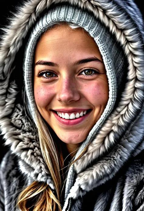 HDR photo of young woman face, smiling, gray hair and eyes, dark background, fuzzy fur coat with a hood, hood up, . High dynamic range, vivid, rich details, clear shadows and highlights, realistic, intense, enhanced contrast, highly detailed