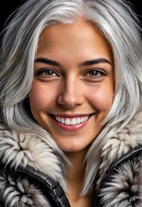 HDR photo of young woman face, smiling, white hair and gray eyes, dark gradient background, fuzzy fur coat,  . High dynamic range, vivid, rich details, clear shadows and highlights, realistic, intense, enhanced contrast, highly detailed