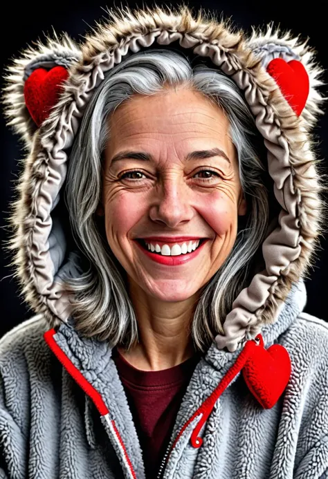 HDR photo of Face of smiling grey hair older woman grey eyes, dark background, fuzzy jacket, a fabric red heart on her shirt, open coat, animal hood, . High dynamic range, vivid, rich details, clear shadows and highlights, realistic, intense, enhanced contrast, highly detailed