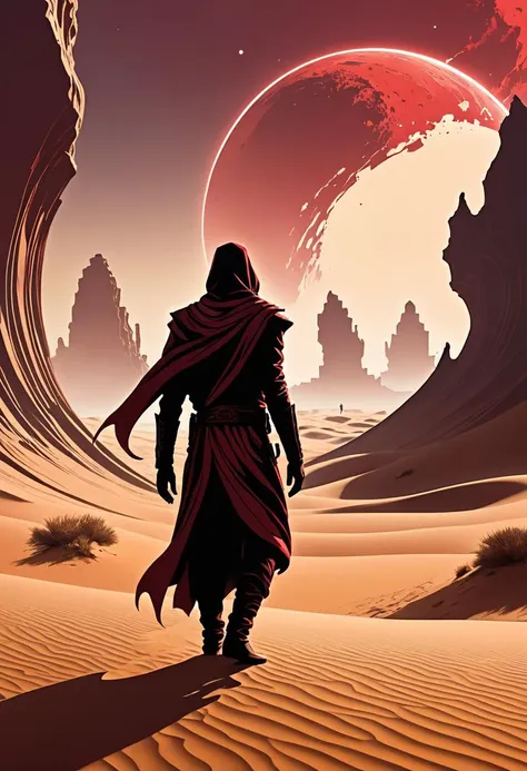 concept art On a desolate plain where desert sand dunes singe under harsh noon's merciless kiss, there stands a solitary figure. Silhouettes dance upon the horizon; their countenances obscured by swirls of crimson dust raised by an invisible wind's caprice. From afar comes a mirage - a ghostly apparition of sorts, its form shifting like rippling sands themselves. Time seems irrelevant here - only endless expanse stretches outward until oblivion claims all traces. . digital artwork, illustrative, painterly, matte painting, highly detailed