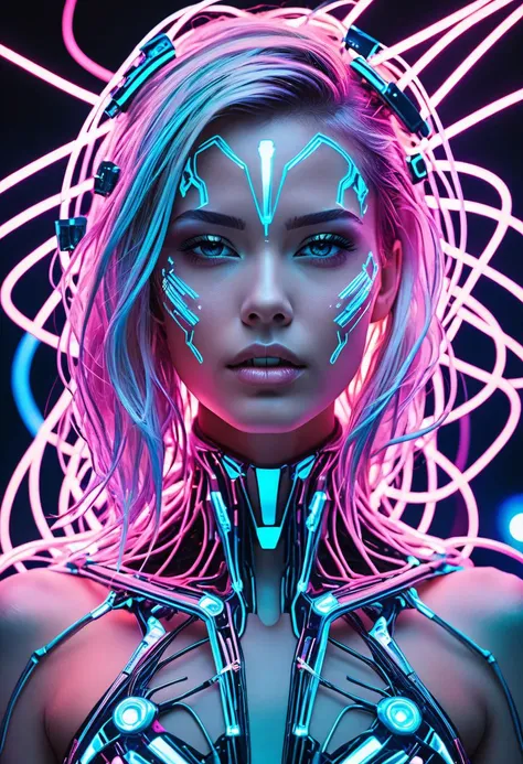 cybernetic style Ultimate fusion of technology and allure, Cosmic Cyber Warrior. Embodying the creative genius of Jovana Rikalo, Brandon Woelfel, and Ross Tran, spectacular cosmic landscapes fraught with otherworldly conflict. Shimmering cables course beneath her translucent epidermis, connecting to powerful vertebrae that support a resplendent skull adorned with cascading neon undercut locks. Mysterious constellations twinkle ominously overhead, casting eerie shadows on the ground below. This masterpiece encapsulates the quintessential essence of science fiction, presenting a highly detailed exploration of extraterrestrial themes guaranteed to captivate audiences worldwide. . futuristic, technological, cybernetic enhancements, robotics, artificial intelligence themes