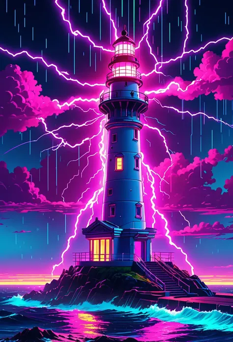 vaporwave style Cyberpunk Neon Lighthouse Amidst Futuristic Seascape, a desolate island in the middle of the ocean, bathed in a neon glow from the light house, an enormous lens pulses with vibrant neon hues, casting spectral rays across stormy waters, rain lashes against the windows, lightning rips across a darkened sky, feel the pulse of electricity coursing through the building, discover the secrets held within the heart of this awe-inspiring cyberpunk neon lighthouse, . retro aesthetic, cyberpunk, vibrant, neon colors, vintage 80s and 90s style, highly detailed