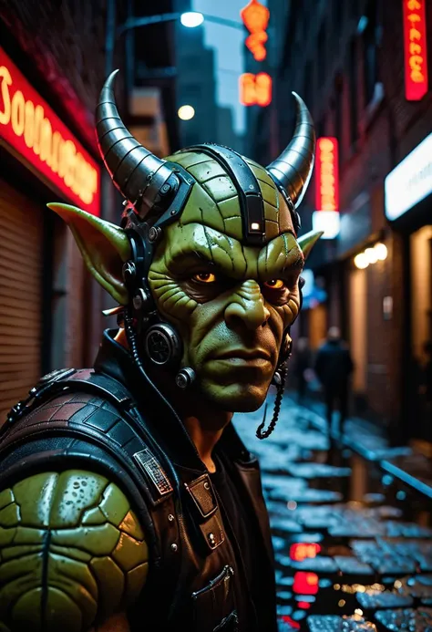 cinematic film still In the suffocating darkness of a narrow alleyway, a cyberpunk goblin warrior head, close-up, standing vigilant. Piercing eyes emit a low glow, revealing layers of intricate circuitry hidden beneath tough, scarred flesh. His muscular form is clothed in technologically enhanced tactical wear, boasting sleek lines and functional compartments. Graffiti decorates the brick walls, casting distorted reflections in the pools of water collecting on the uneven cobblestone floor during the rain storm. Buildings tower above, glittering with thousands of neon signs advertising questionable services. This gritty, hyper-detailed snapshot captures the raw essence of urban living in a bleak yet exhilarating future. . shallow depth of field, vignette, highly detailed, high budget, bokeh, cinemascope, moody, epic, gorgeous, film grain, grainy