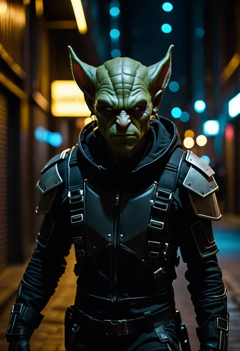 cinematic film still cyberpunk goblin warrior in a dark alley at night, close-up, cyberpunk cityscape, techwear fashion, futuristic, cyberpunk, urban, tactical, sleek, dark, highly detailed, . shallow depth of field, vignette, highly detailed, high budget, bokeh, cinemascope, moody, epic, gorgeous, film grain, grainy