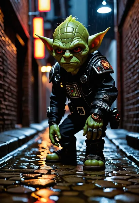 cinematic film still In the suffocating darkness of a narrow alleyway, a cyberpunk goblin warrior head, close-up, standing vigilant. Piercing eyes emit a low glow, revealing layers of intricate circuitry hidden beneath tough, scarred flesh. His muscular form is clothed in technologically enhanced tactical wear, boasting sleek lines and functional compartments. Graffiti decorates the brick walls, casting distorted reflections in the pools of water collecting on the uneven cobblestone floor during the rain storm. Buildings tower above, glittering with thousands of neon signs advertising questionable services. This gritty, hyper-detailed snapshot captures the raw essence of urban living in a bleak yet exhilarating future. . shallow depth of field, vignette, highly detailed, high budget, bokeh, cinemascope, moody, epic, gorgeous, film grain, grainy
