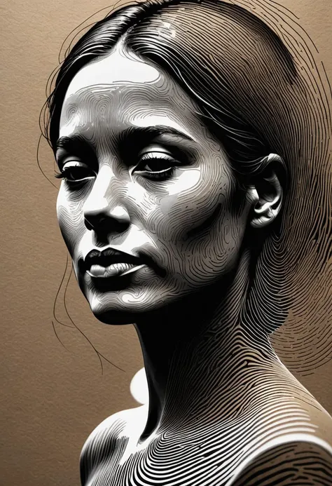 a fingerprint that form a woman's face, a pleasant satiated expression, shrouded in repose, inviting interpretation and introspection, inner glow, indirect light plays gracefully across the surface, casting shadows that emphasize the delicate curves and planes of the face, (against a dark grey gradient background:0.85),