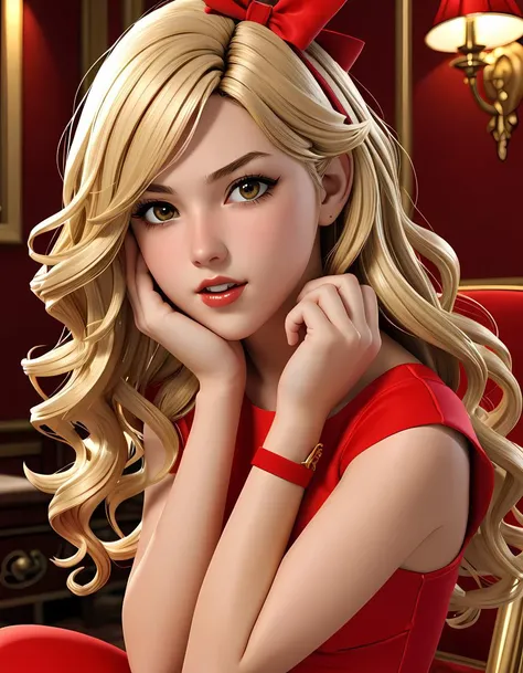 iphone photo 3d anime style, a young woman, [cowboy shot|full shot], large hazel eyes, in a bold red dress. Loose golden blonde waves frame her face, hypnotic detailed eyes, seductive mouth, . large depth of field, deep depth of field, highly detailed