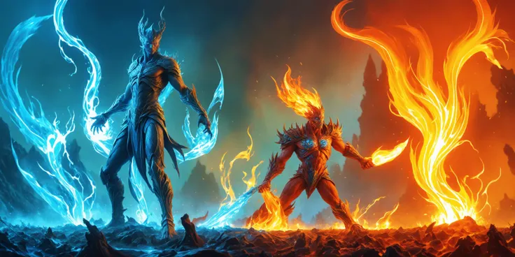 Water elementals, water magic creatures, extreme full shot BREAK
Fire elementals, fire magic creatures, extreme full shot BREAK
fantasy art, panorama of a fantasy battle, epic battle of fantasy magic creatures,
professional artwork, perfect visual weight of elements, 8k, absurdres